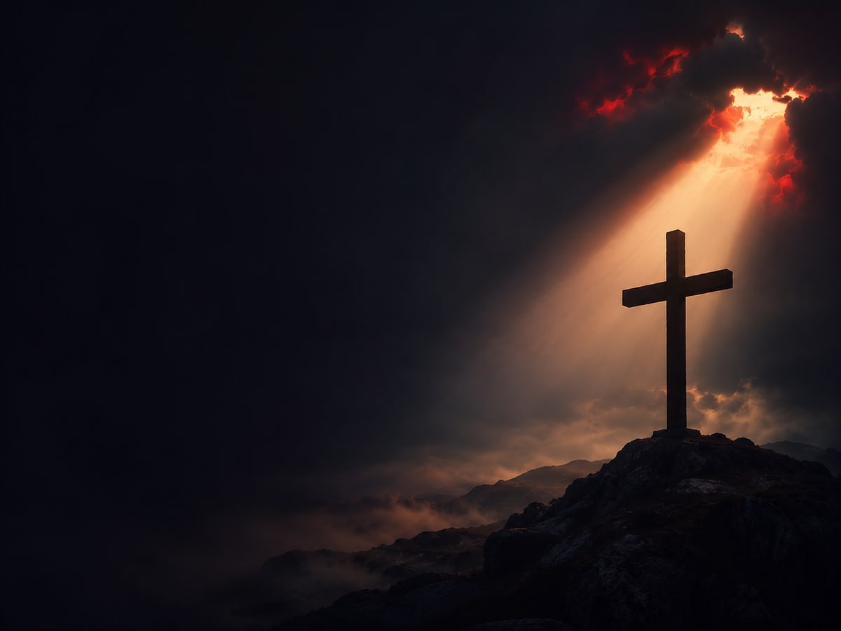 Cruz iluminada por um feixe de luz, representando Jesus Cristo e a redenção